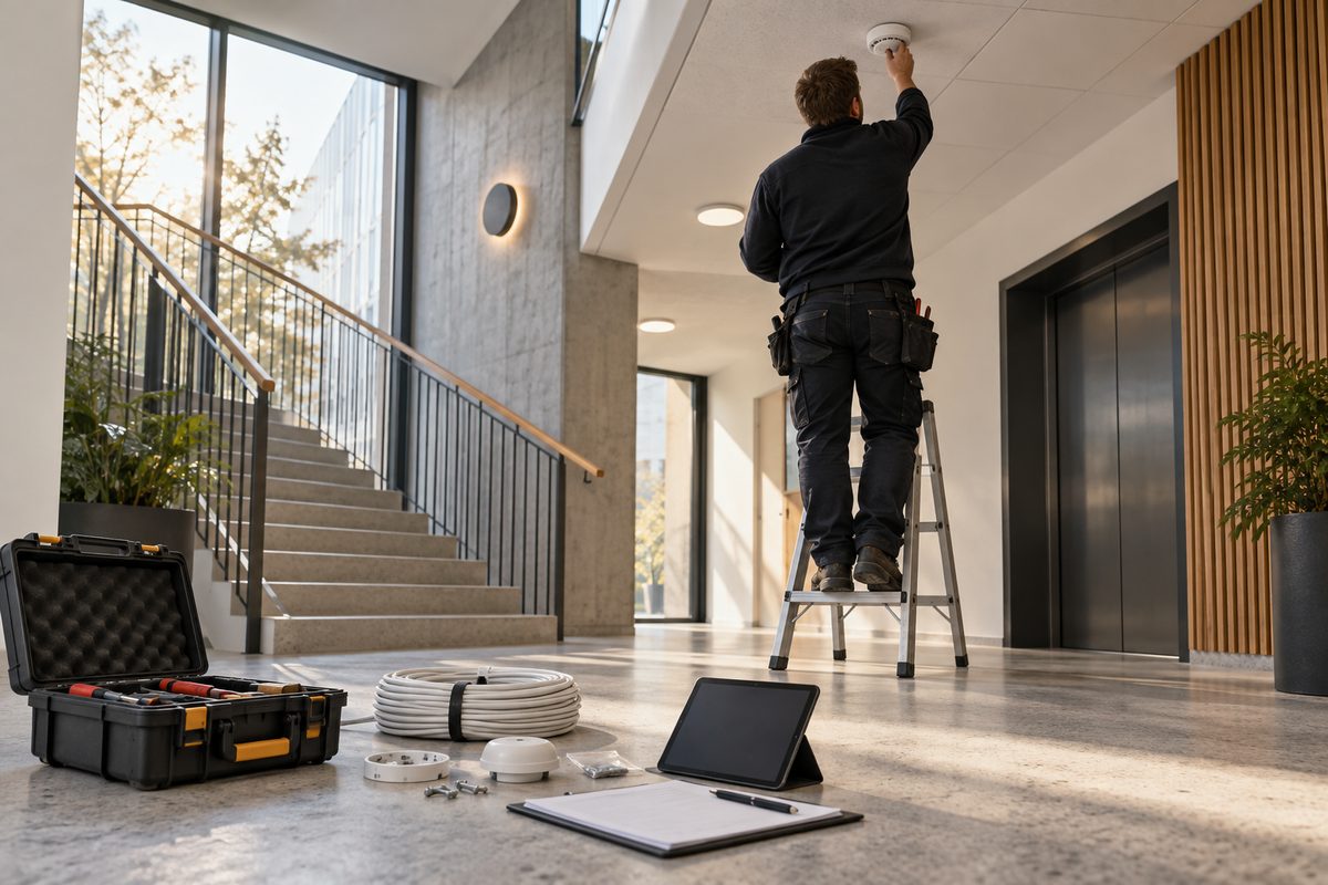 Montør sett bakfra ved en takmontert røykvarsler, med verktøykoffert, kabel, nettbrett og blank serviceprotokoll.