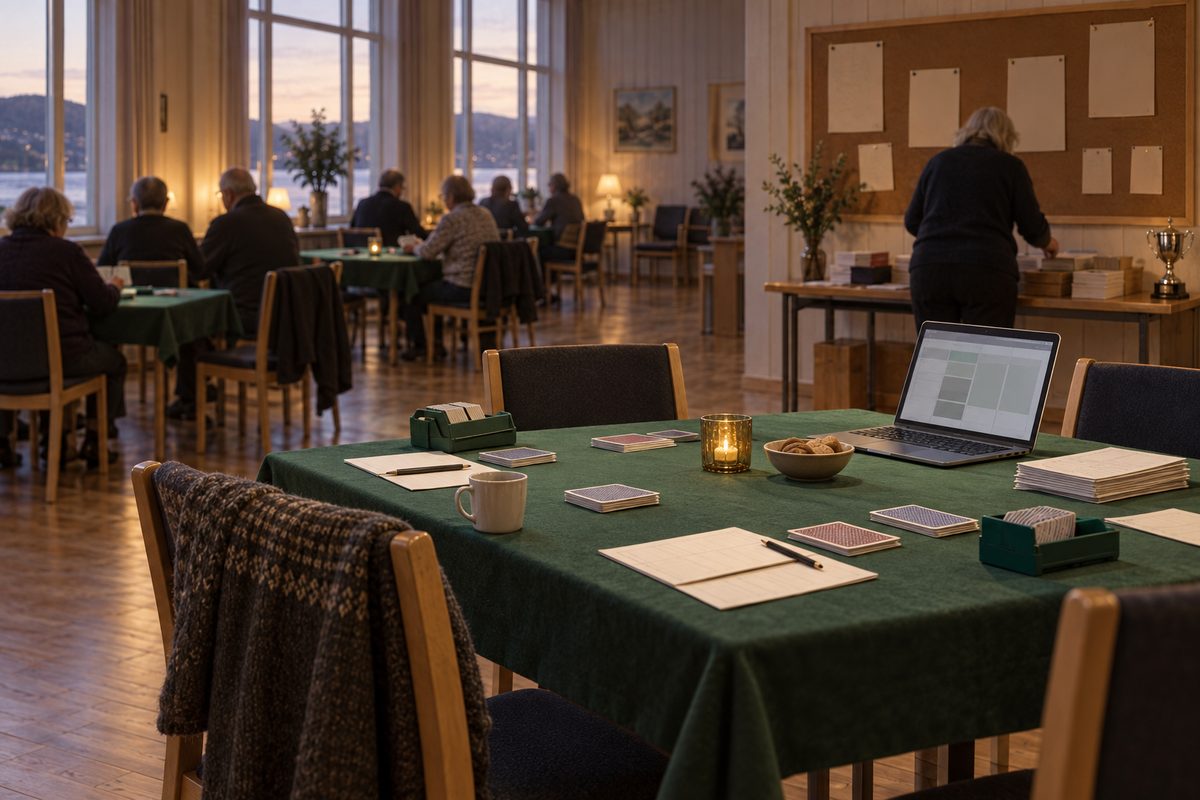 Bridgebord i et lyst klubbrom med kort, papirer og bærbar PC, mens en frivillig arbeider i bakgrunnen.