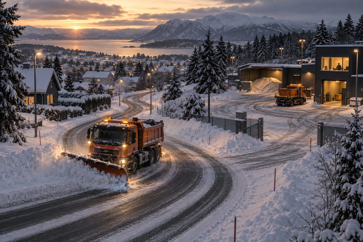 Brøytebil rydder en snødekt vei ved et opplyst depot, med tydelige spor etter flere koordinerte ruter.