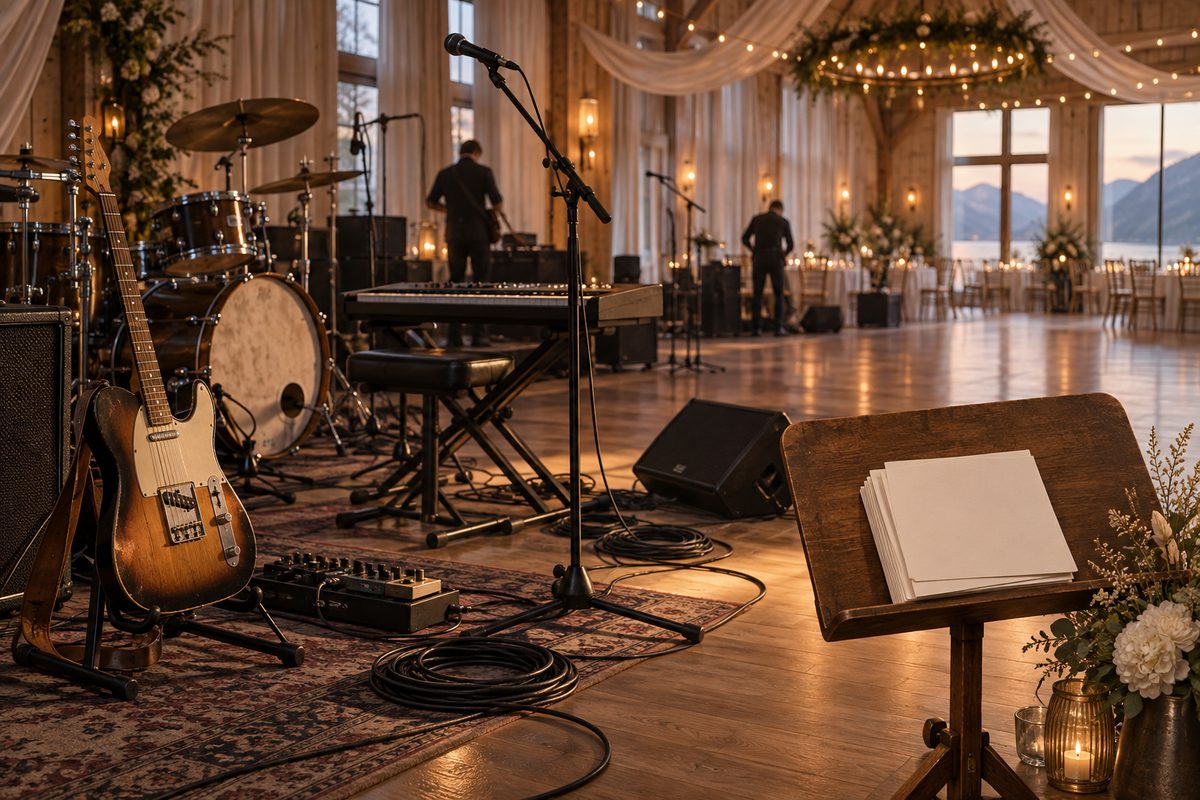 Bryllupsbandets gitar, keyboard og trommer står klare på en lun scene med tomme setlisteark.
