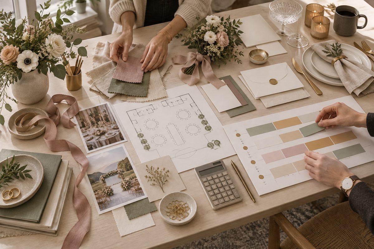 Hender organiserer tekstiler, blomster, bordprøver og blanke tidslinjekort på et lyst planleggerbord.