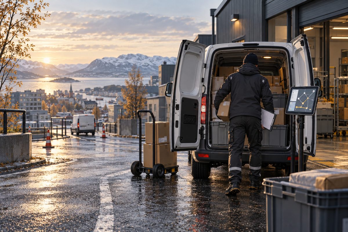 Budbilsjåfør laster pakker ved en hvit varebil med ruteplan på nettbrett, mens en våt nordisk by og fjell ligger i bakgrunnen.