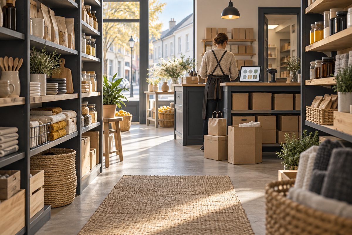 Butikkansatt står ved disken mellom varehyller og lagerkasser, med håndskanner og abstrakt lagerdata på en skjerm.