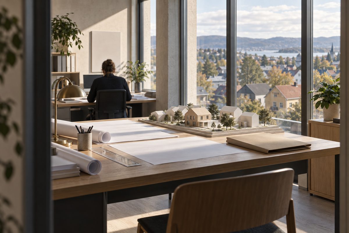 Blanke byggesaksplaner og en modell av et boligområde ligger på et kommunalt kontor med utsikt over en nordisk by.