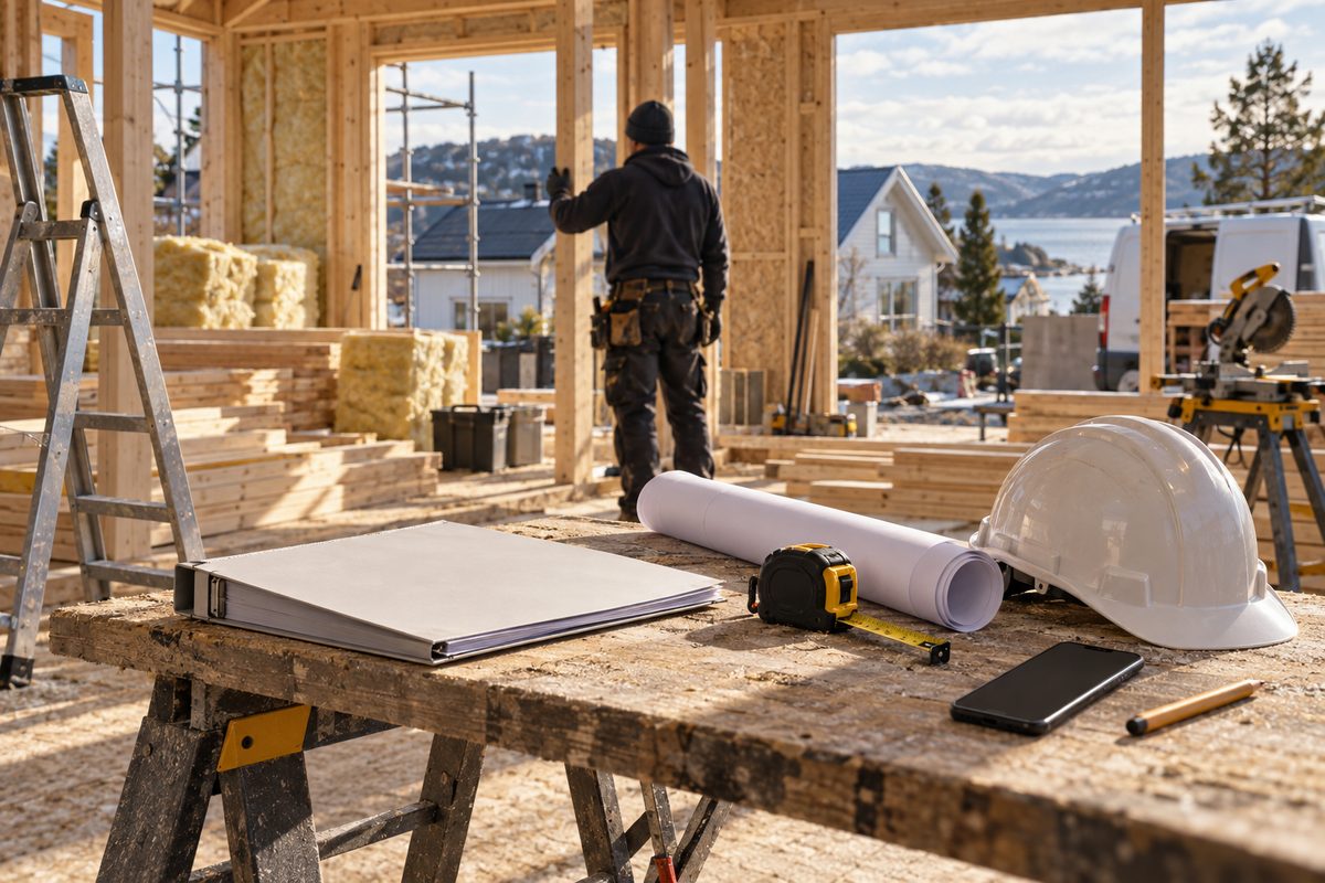 Byggmesterens arbeidsbord med blank perm, byggeplan, hjelm og målebånd står foran et norsk trehus under oppføring.