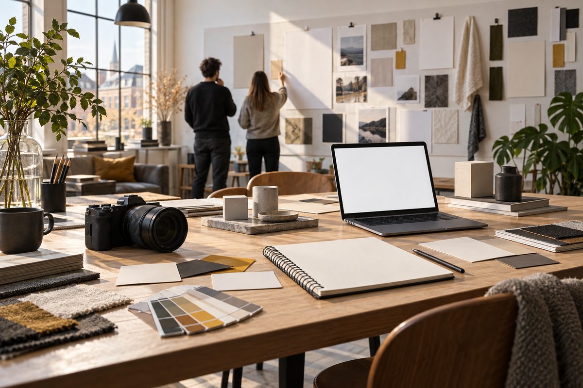Fargeprøver, kamera, blank laptop og tomme moodboardark viser et norsk reklamebyrå i arbeid.