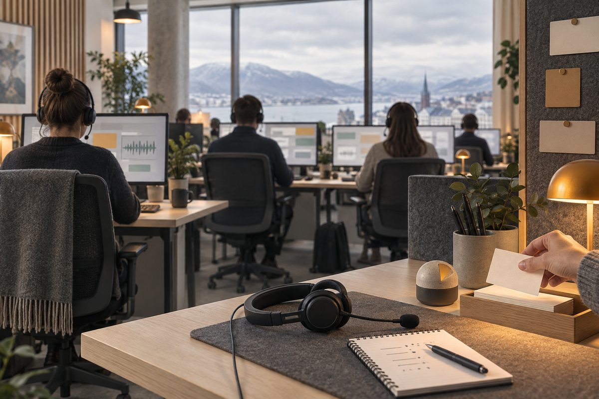 Nordisk callsenter med headset, arbeidskort og skjermer med abstrakte samtaleformer i et rolig kontormiljø.