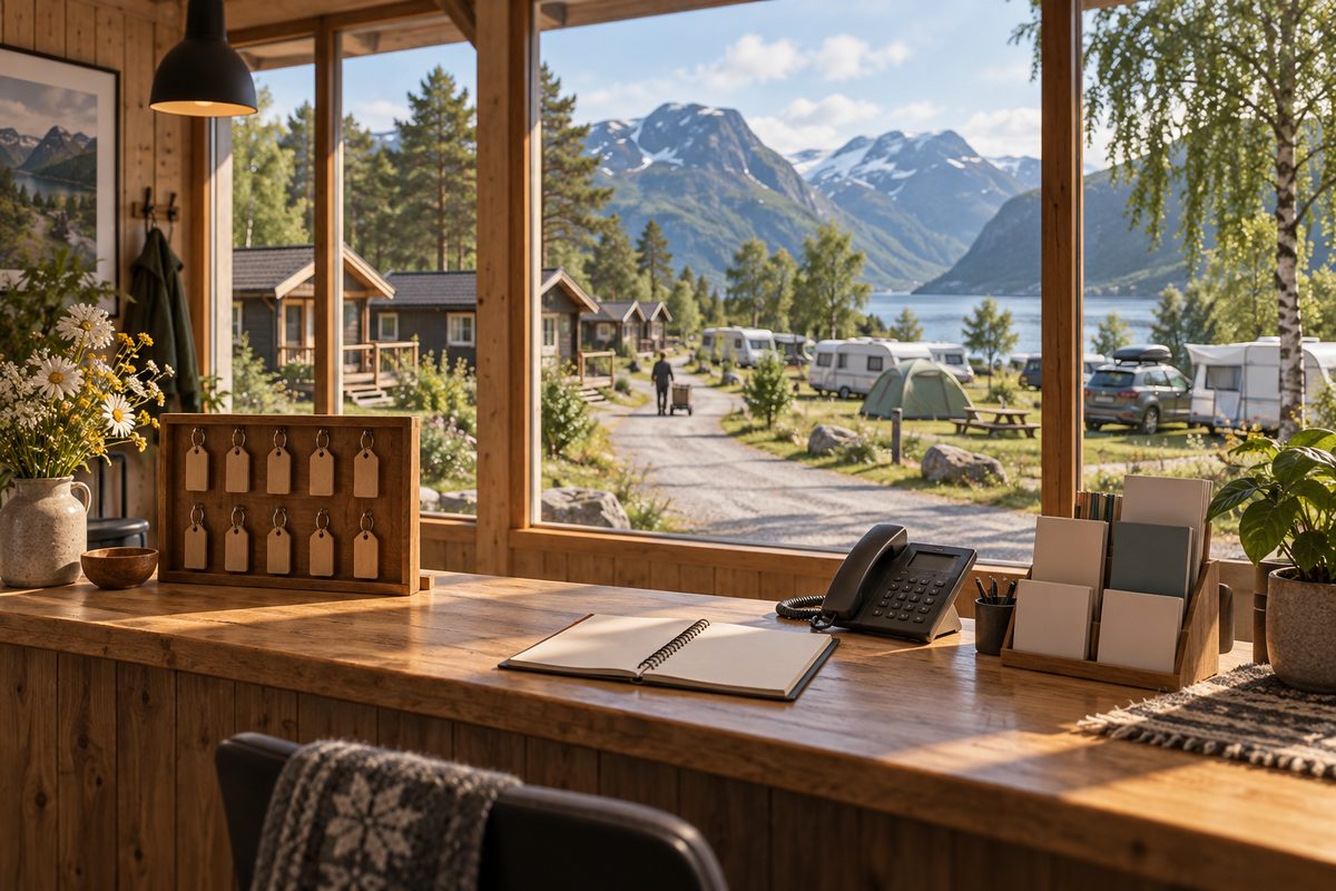Resepsjonsdisk med nøkler og blanke gjestekort åpner seg mot hytter, campingvogner og fjordlandskap.