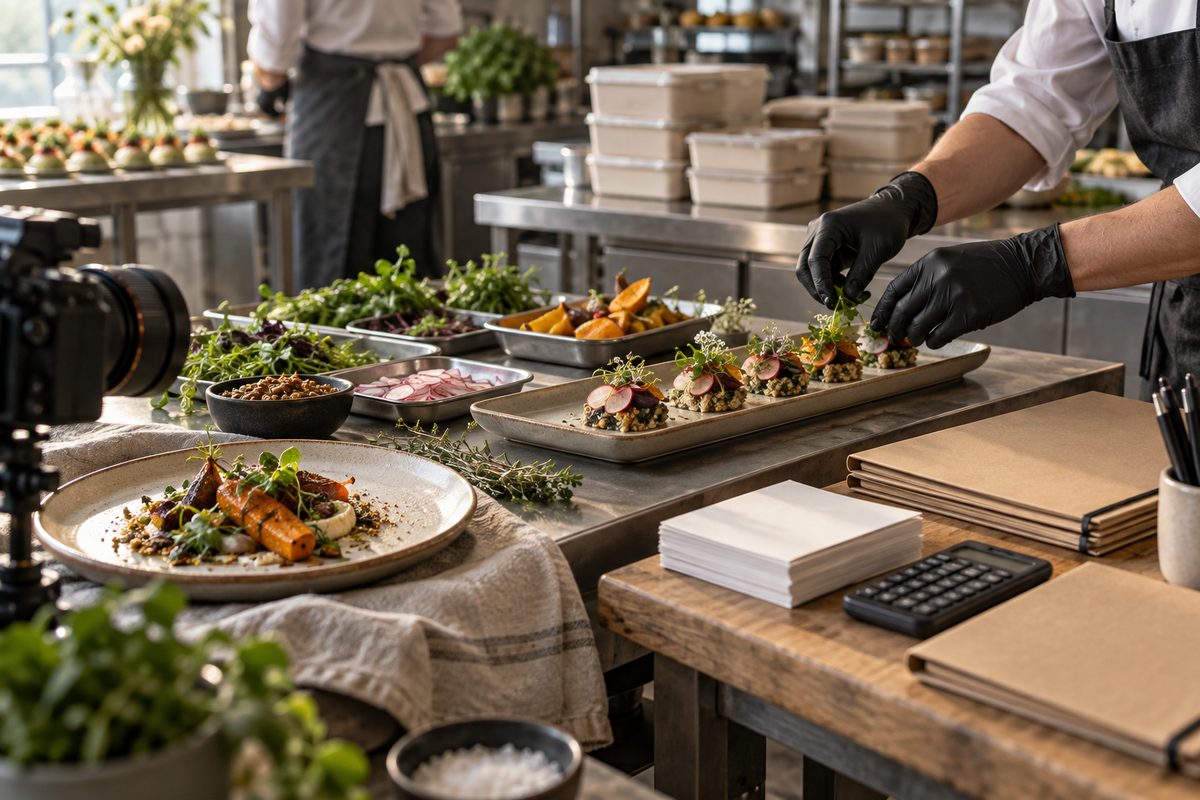 Hender legger sesongmat på serveringsbrett i et nordisk kjøkken med råvarer, bestillingsark og cateringutstyr.