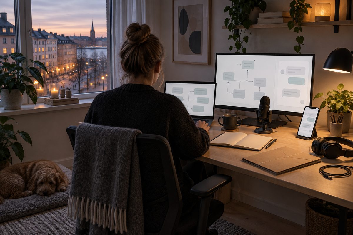 Frilansarbeidsplass med skjermer, telefon, mikrofon og blanke dialogflater i et nordisk hjemmekontor.