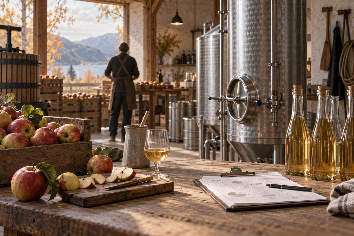 Norsk cideri med epler, gjæringstanker, flasker og produksjonsnotater i varmt høstlys.
