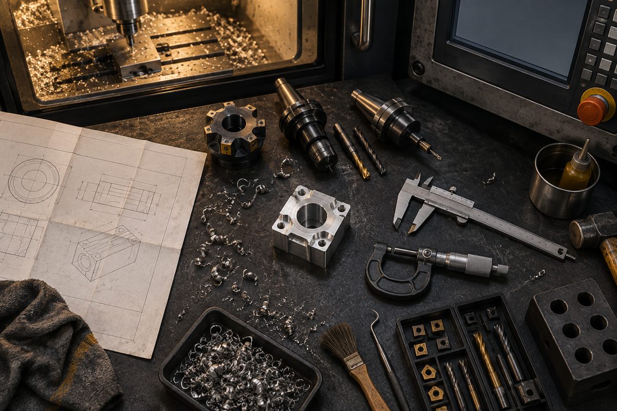 CNC-verktøy, måleinstrumenter, metallspon og teknisk tegning ligger på en mørk arbeidsbenk foran maskinen.