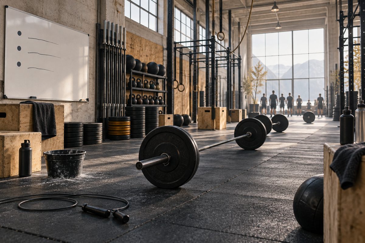 CrossFit-boks med vektstenger, kettlebells, treningsrigg, whiteboard og medlemmer i silhuett.