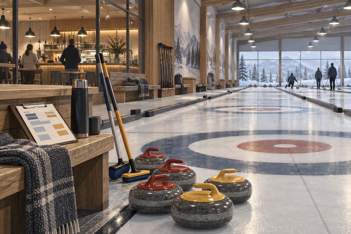 Curlinghall med blank is, fargerike curlingsteiner, koster, planleggingsark og kafé i bakgrunnen.