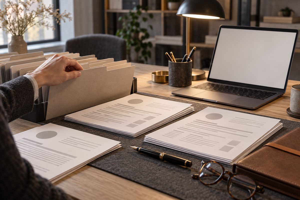 Rekrutteringsskrivebord med mapper, CV-sider uten lesbar tekst, blank laptop og penn i varmt arbeidslys.