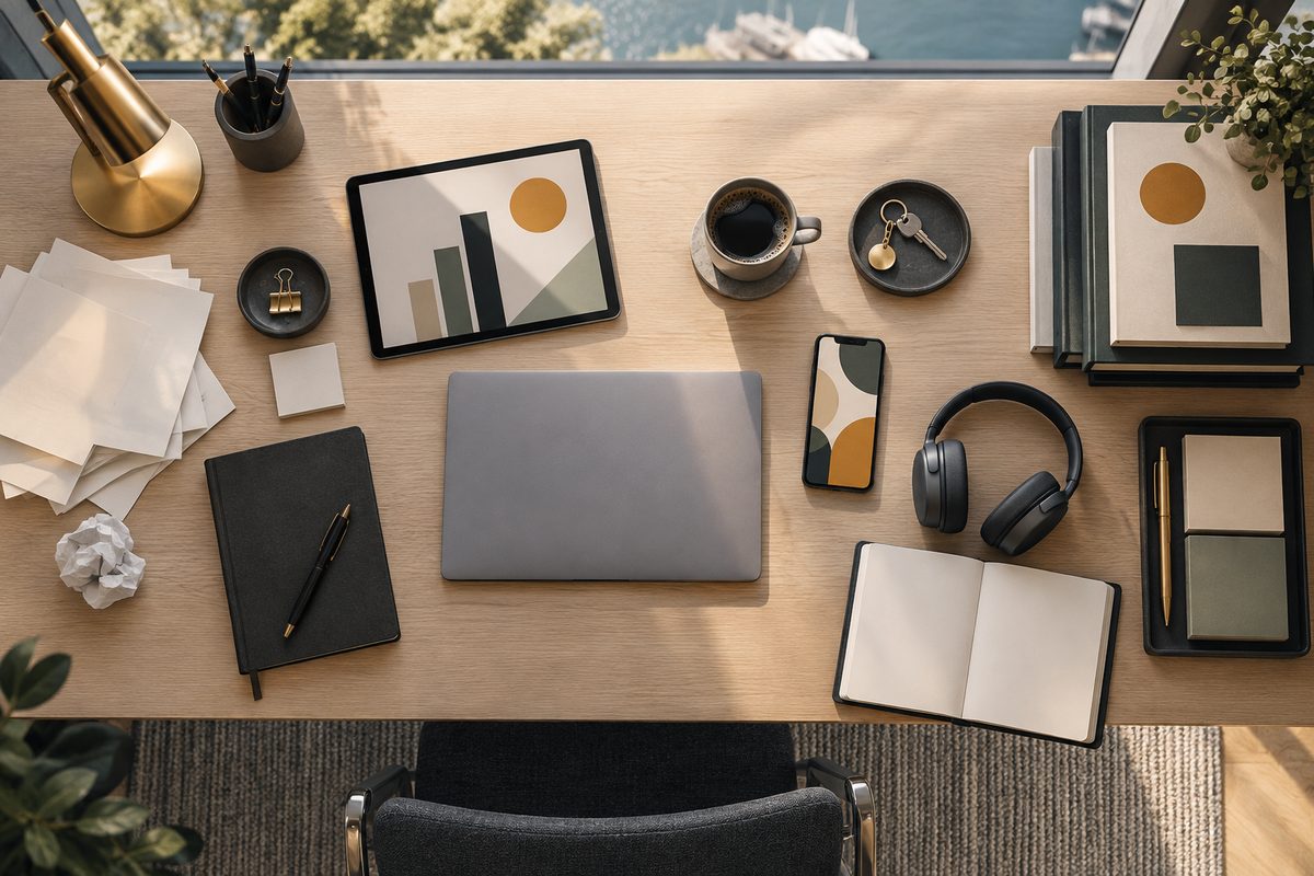 Ryddig nordisk lederpult sett ovenfra med nettbrett, lukket bærbar datamaskin, telefon, headset, kaffekopp, nøkler og blanke arbeidsdokumenter.