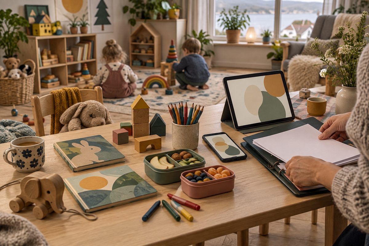 Dagmammaens nordiske lekerom med barn sett bakfra, matbokser, treleker, fargeblyanter og en hånd som organiserer blanke dokumenter.