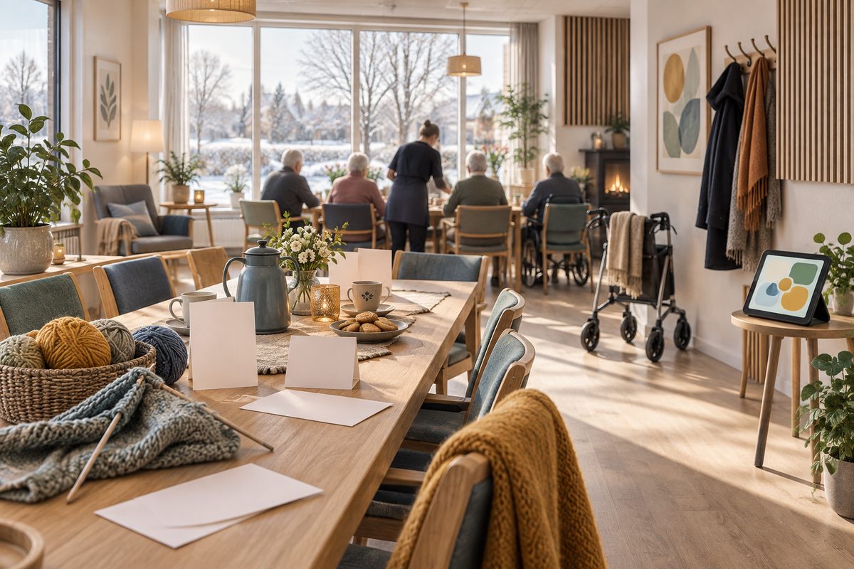 Lyst nordisk dagsenter med eldre samlet rundt et bord, strikketøy, kaffe, blanke kort, rullator og nettbrett med abstrakte former.