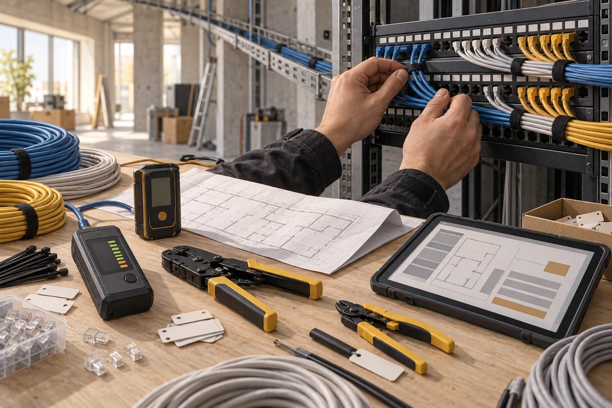 Teknikerhender kobler fargede nettverkskabler i et nordisk arbeidsrom med patchpanel, kabeltester, verktøy, blanke merkelapper og plantegning.