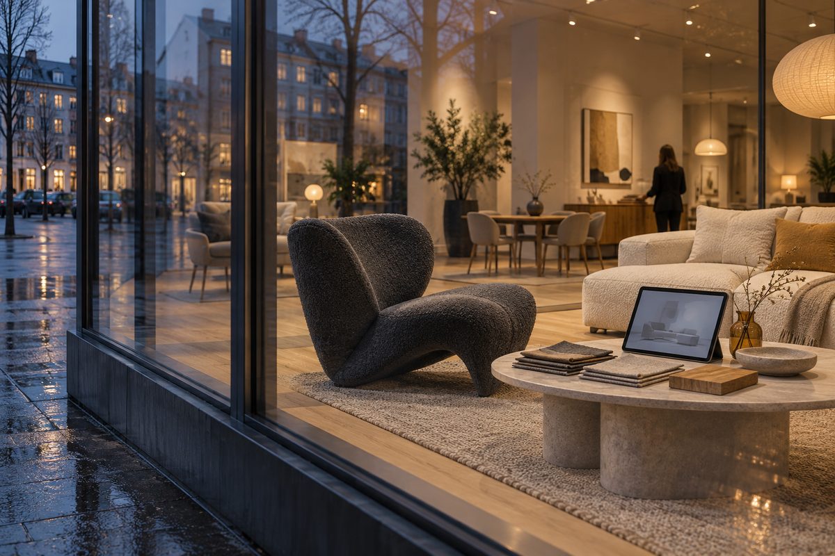 Nordisk møbelbutikk i skumringen med lenestol, sofa, tekstilprøver og nettbrett som viser et enkelt rom.