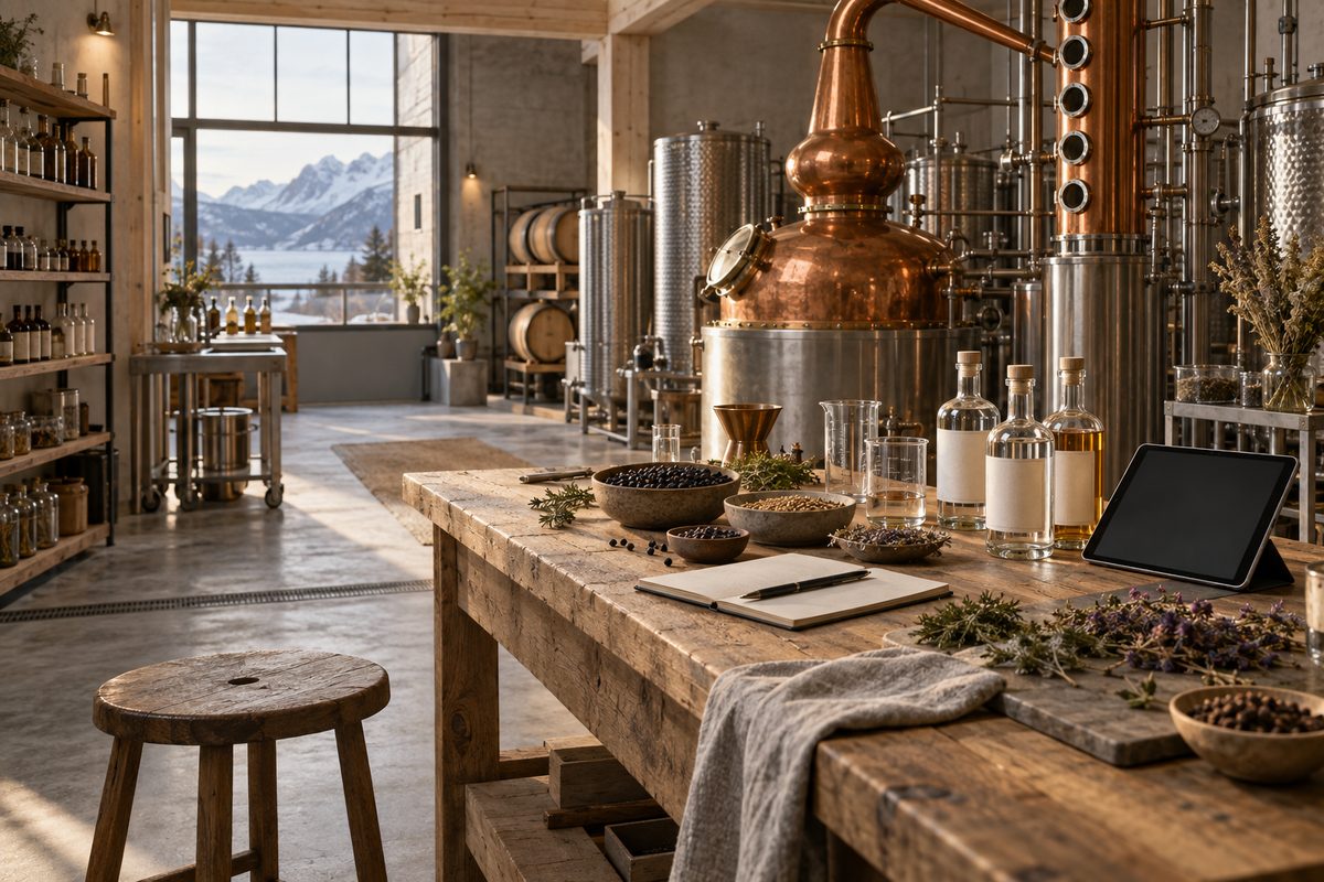 Lyst nordisk destilleri med kobberapparat, botaniske råvarer, blankt nettbrett og fjellandskap gjennom vinduet.