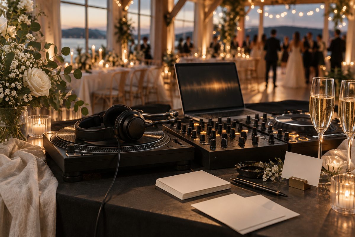 Nærbilde av DJ-bord med hodetelefoner, platespillere, blank bærbar, blomster og festkledd bryllupsselskap i bakgrunnen.