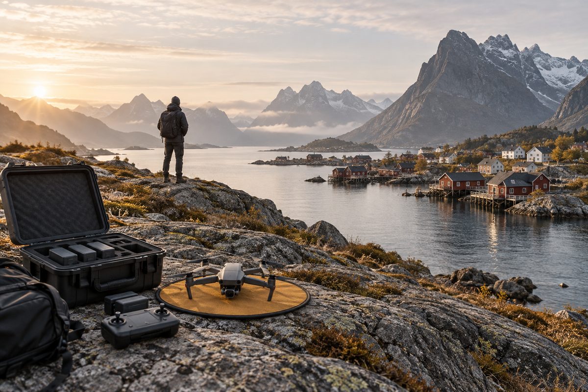 En drone, fjernkontroll og utstyrskoffert ligger på svaberget mens en fotograf ser utover fjorden og bebyggelsen.