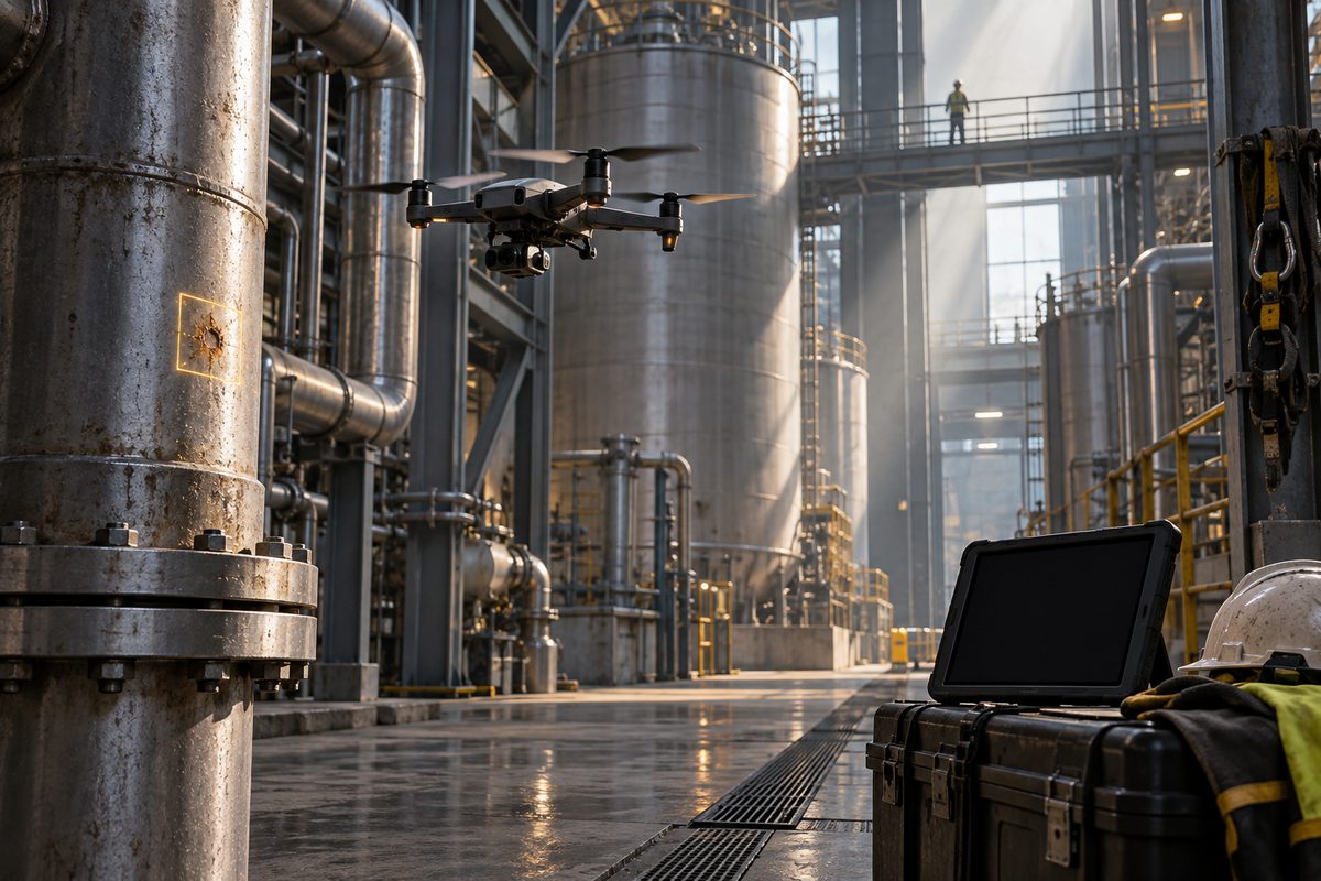 Inspeksjonsdrone foran rør og ståltanker i en industrihall, med fjern arbeider, verneutstyr og blankt nettbrett.