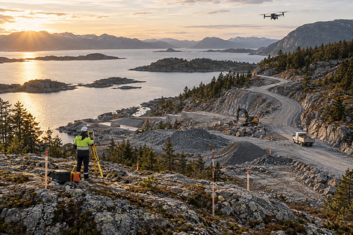 Drone over et norsk kystlandskap med anleggsvei, grushauger, målepunkter og landmåler ved et stativ.