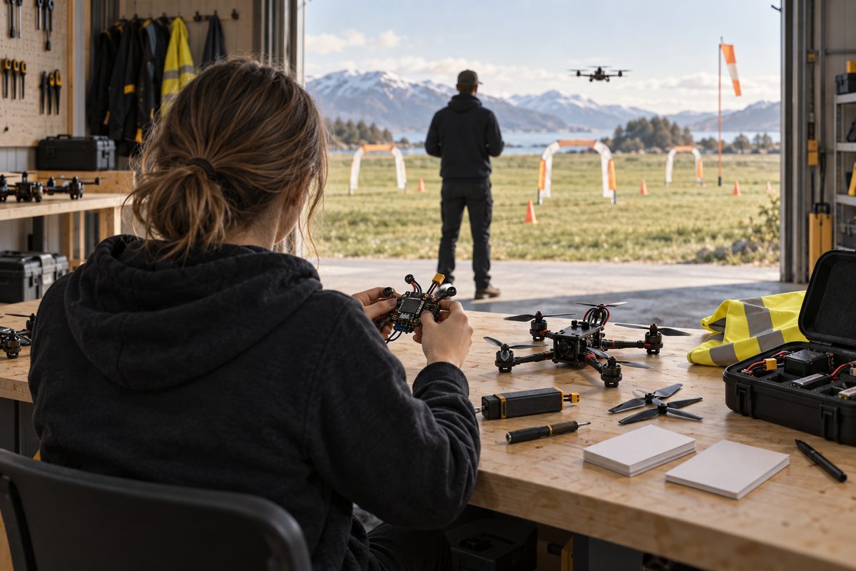Droneskolens verksted med elev bakfra, flykontroller, øvingsdrone, batterier og treningsporter mot fjellandskapet.