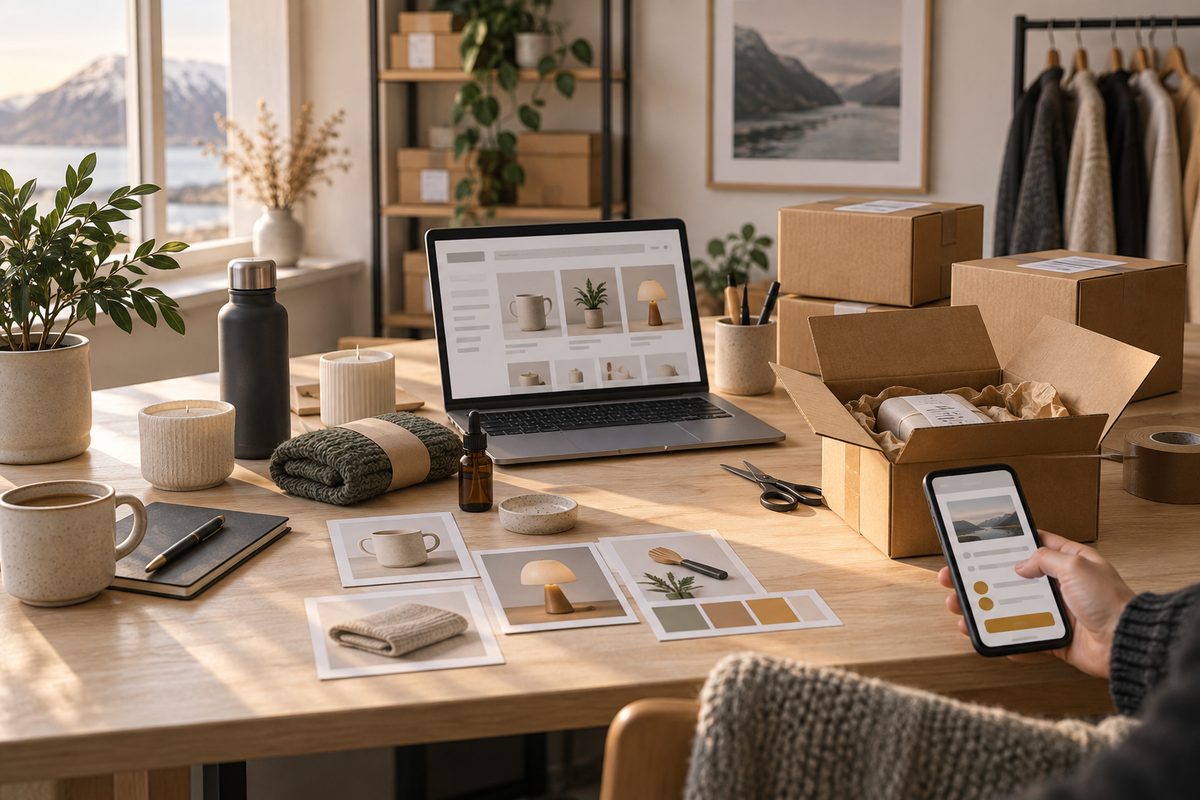 Nordisk arbeidsbord med pakker, produktprøver, laptop og mobil som viser en samlet arbeidsflyt for nettbutikk og markedsføring.