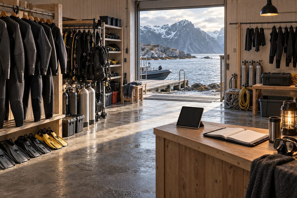 Nordisk dykkersenter med våtdrakter, finner, flasker og blankt nettbrett ved en åpen dør mot fjord og fjell.