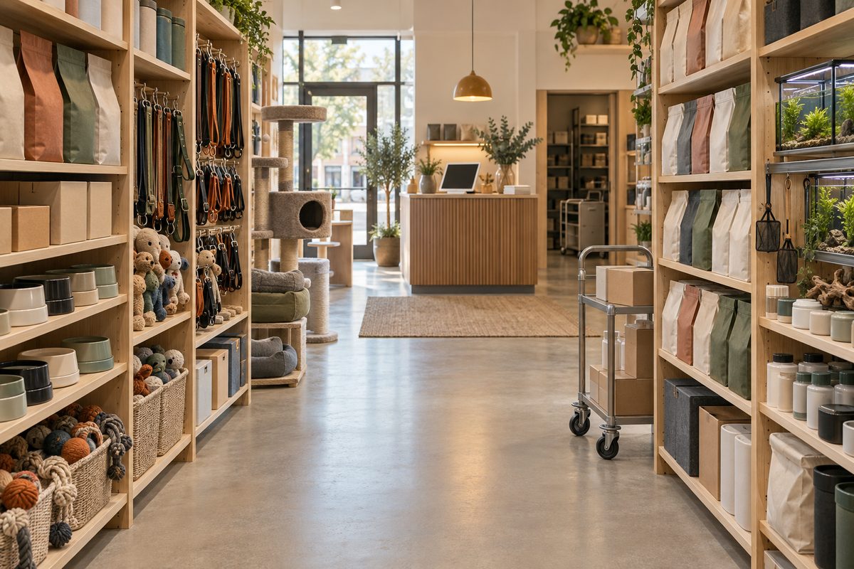 Symmetrisk nordisk dyrebutikkgang med blanke vareposer, bånd, leker, akvarium, lagertralle og arbeidsnettbrett.