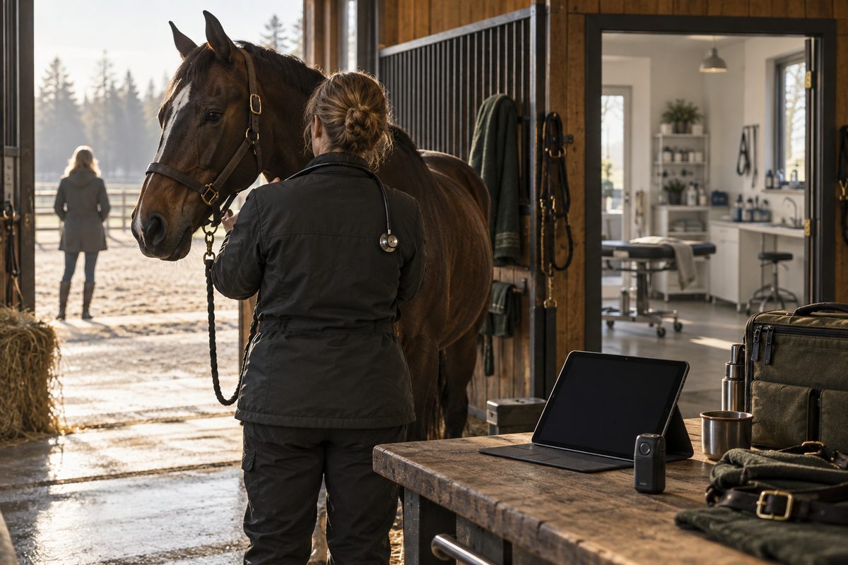Hesteveterinær undersøker en hest i stallen mens et nettbrett og en liten diktafon ligger på arbeidsbenken.