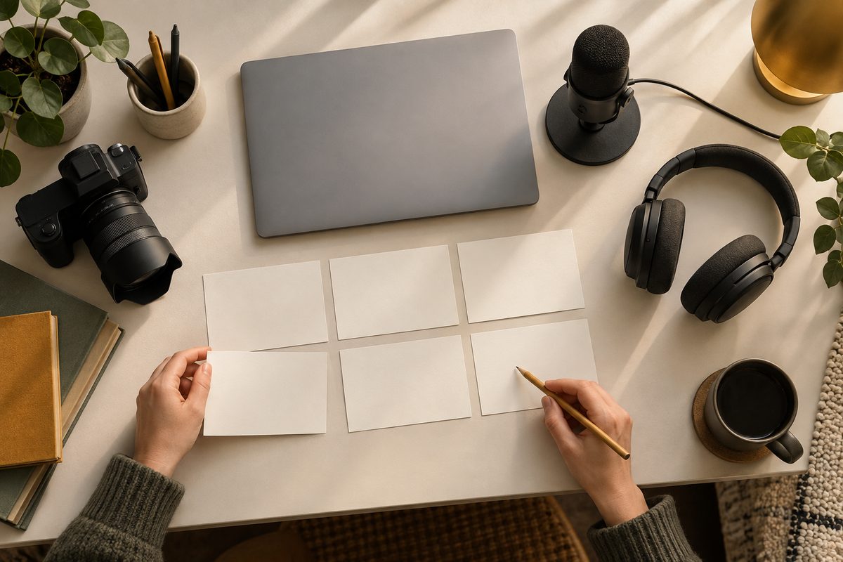 Rett ovenfra vises en arbeidsflate med lukket laptop, mikrofon, kamera, hodetelefoner og blanke storyboardkort.