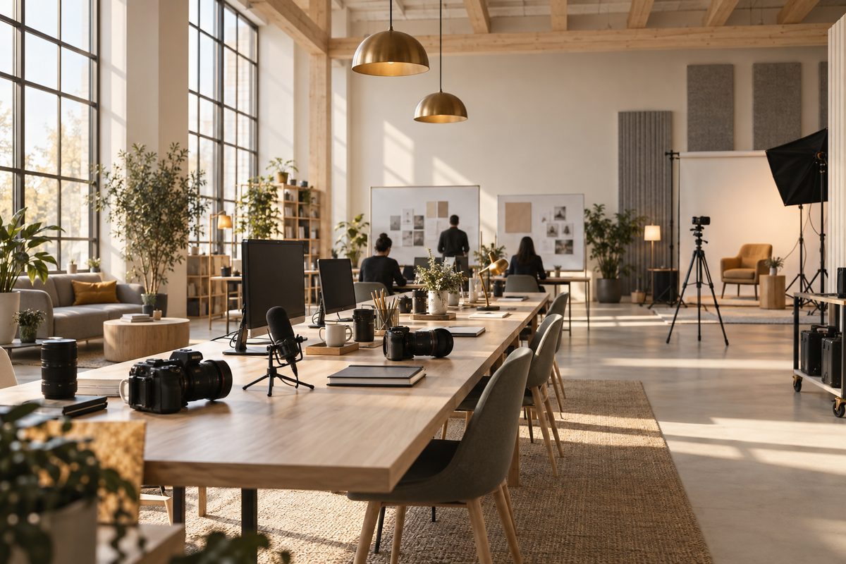 Lyst nordisk produksjonsstudio med lang arbeidsbenk, kameraer, mikrofoner, blanke skjermer og anonyme samarbeidssilhuetter.