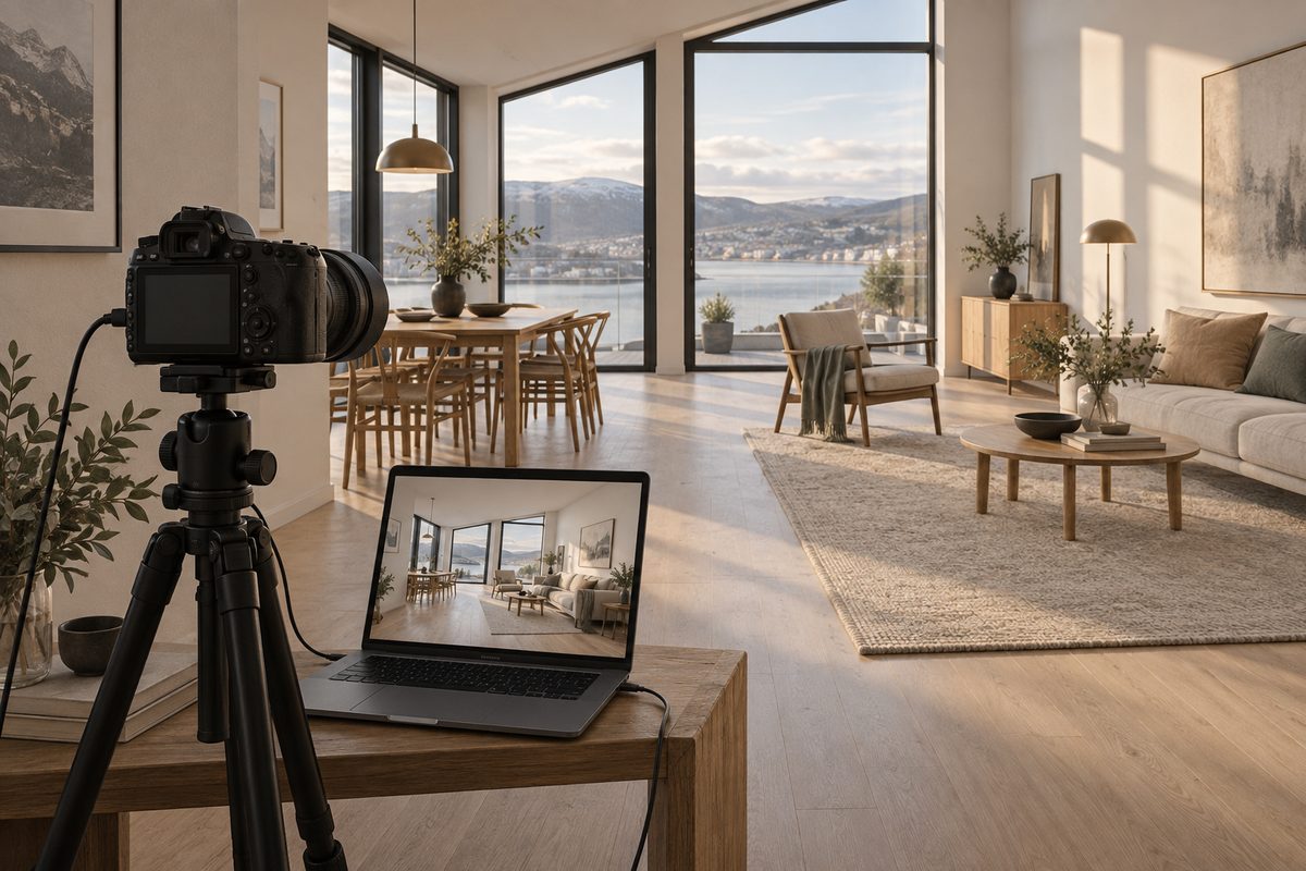 Et kamera på stativ og en bærbar PC står klare til boligfotografering i en lys stue med store vinduer og fjordutsikt.