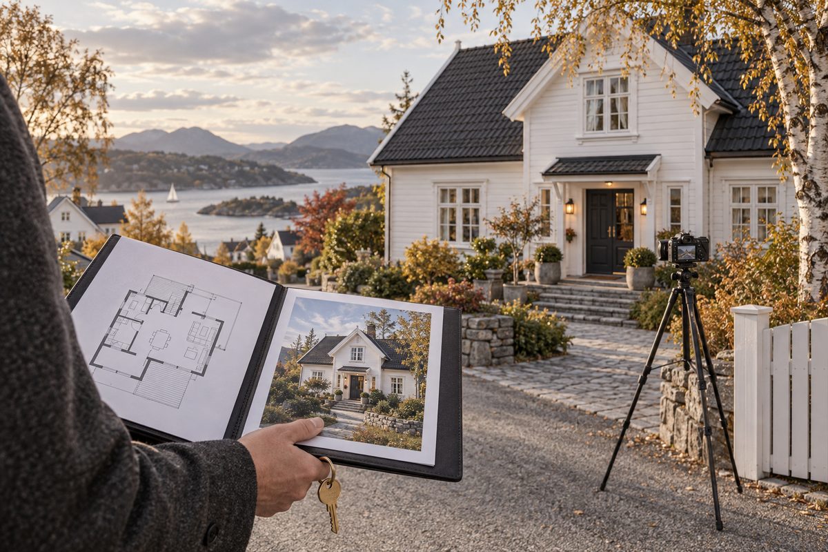 En hånd holder boligprospekt og nøkler foran et hvitt trehus ved fjorden, med et kamera på stativ ved inngangen.