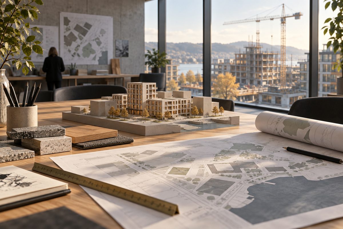 Arkitektmodell, reguleringskart og materialprøver står på et opplyst arbeidsbord med byggeplass og fjordby i bakgrunnen.