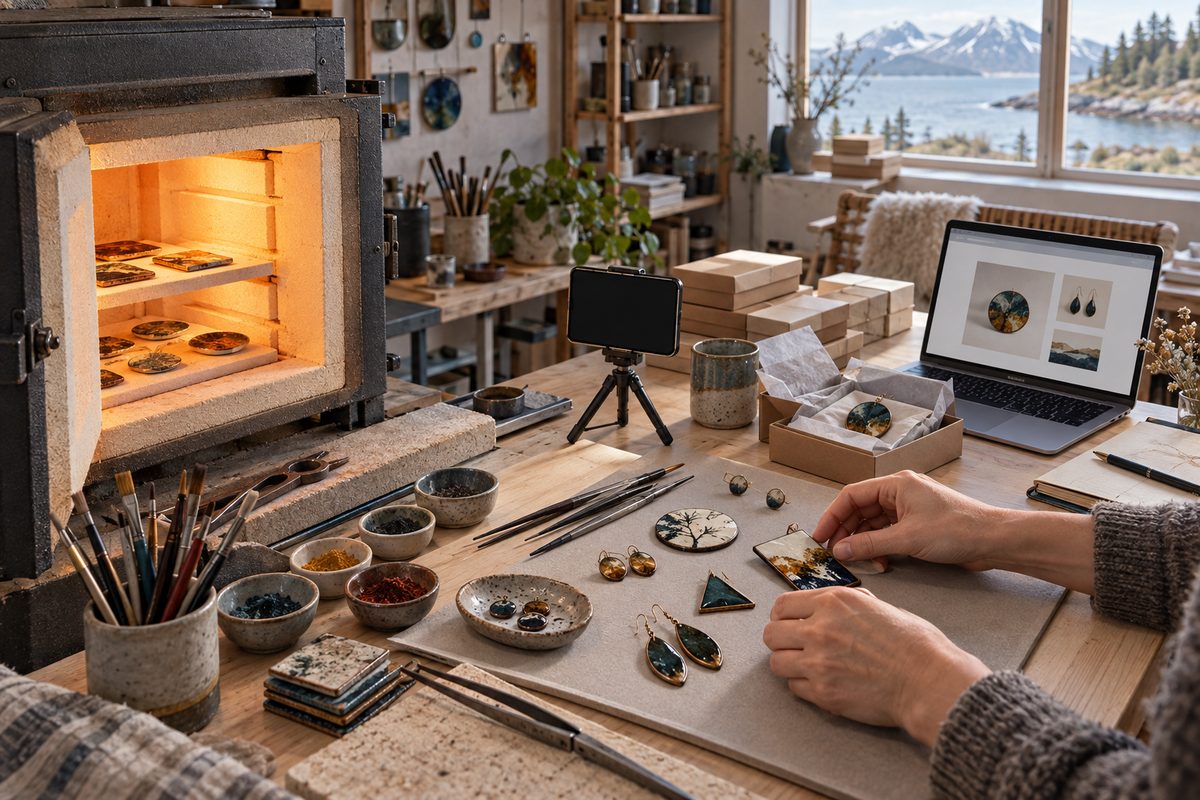 Åpen emaljeovn, fargerike smykker, pensler og blank emballasje fyller verkstedet, med fjordlandskap og produktfoto i bakgrunnen.