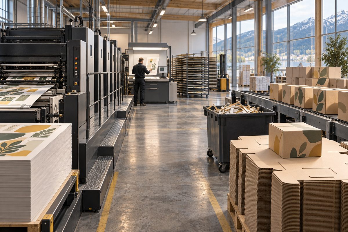 Trykkmaskin, kontrollbord, tørkestativ og stablede kartonger viser flyten gjennom en lys nordisk emballasjefabrikk.