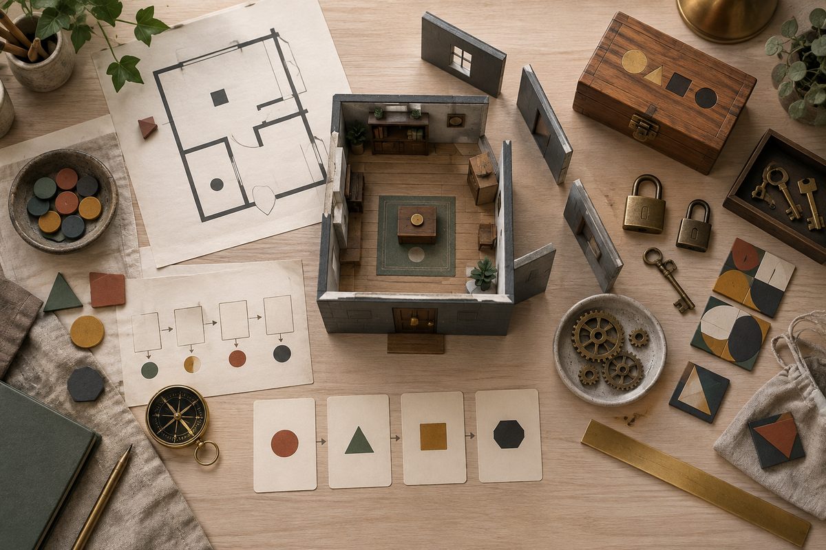 Rett ovenfra av en escape game-prototype med rommodell, låser, nøkler, mekaniske deler og geometriske gåtekort på trebord.