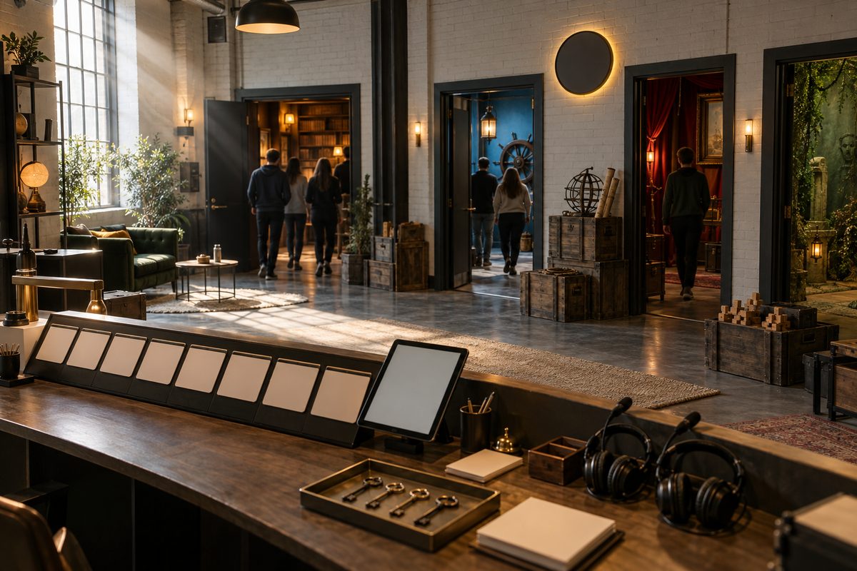 Arkitektonisk escape room-lobby med blankt kontrollpanel, nøkkelbrett, hodetelefoner og grupper som går bakfra mot flere spillrom.