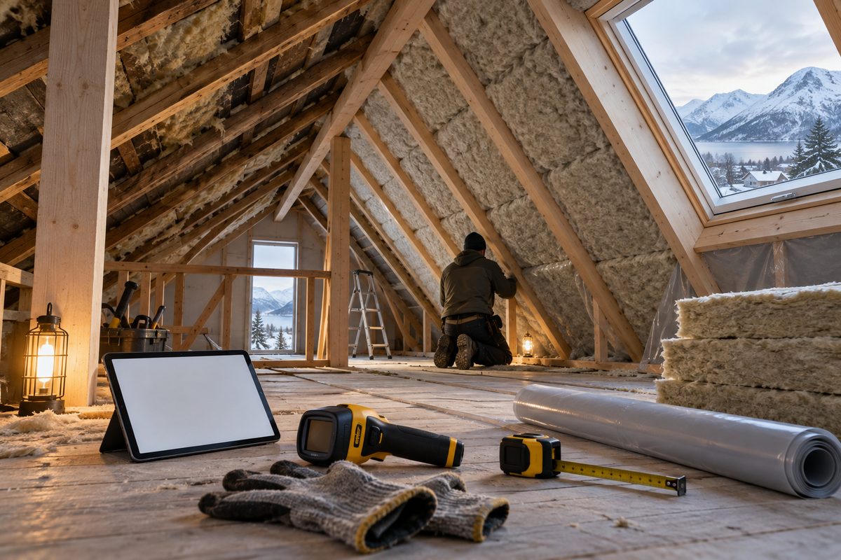 Norsk loft under etterisolering med synlige sperrer, isolasjonsmatter, blankt nettbrett, termokamera og måleverktøy foran fjellandskap.