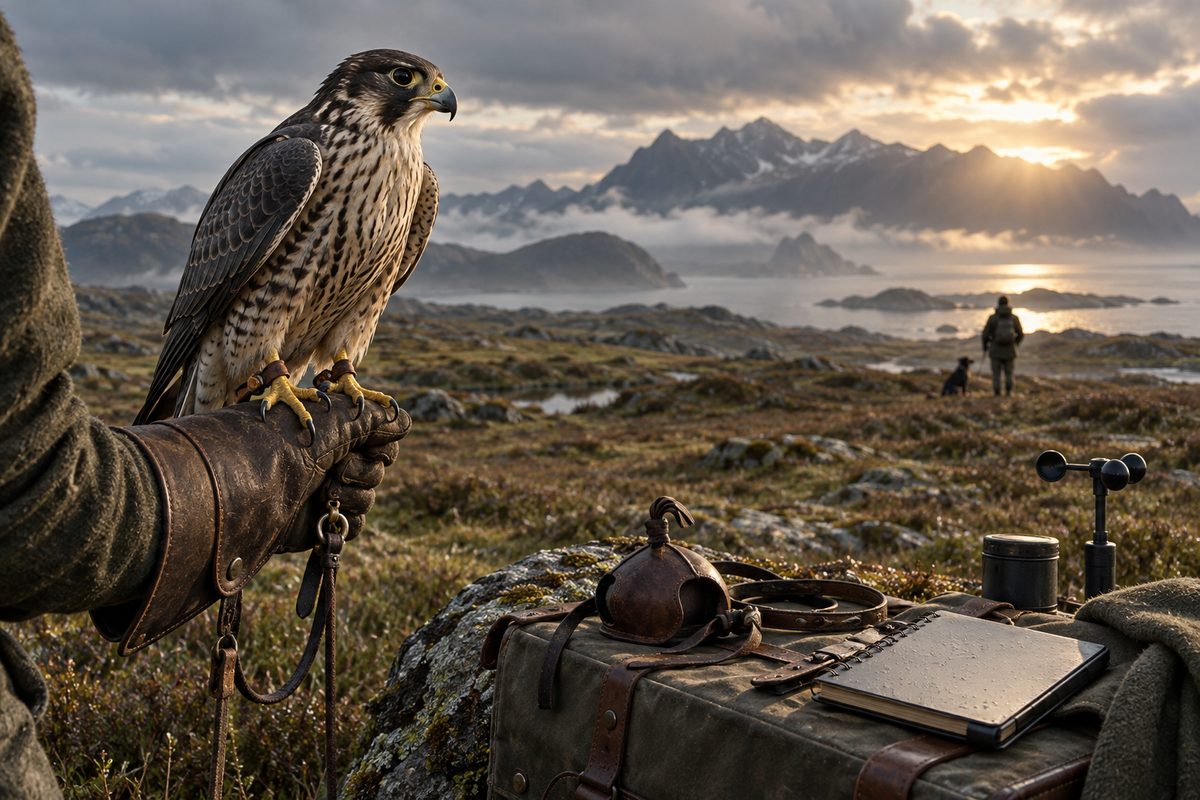 En rovfugl sitter på en falkonerhanske over feltutstyr, med værmåler og nordisk kystlandskap i bakgrunnen.