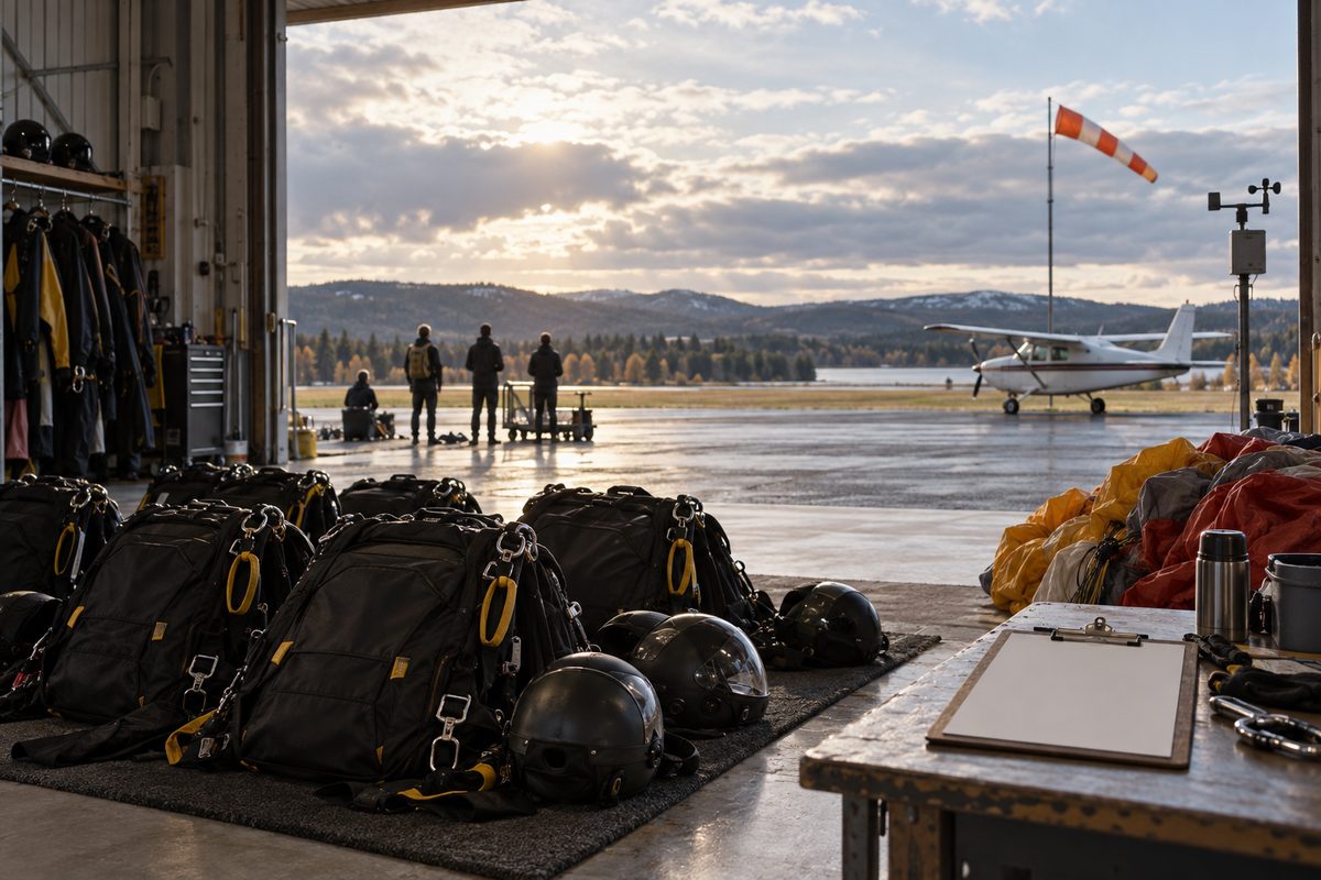 Pakkede fallskjermer og hjelmer står i en hangar mot flystripe, vindpølse, småfly og folk i silhuett.