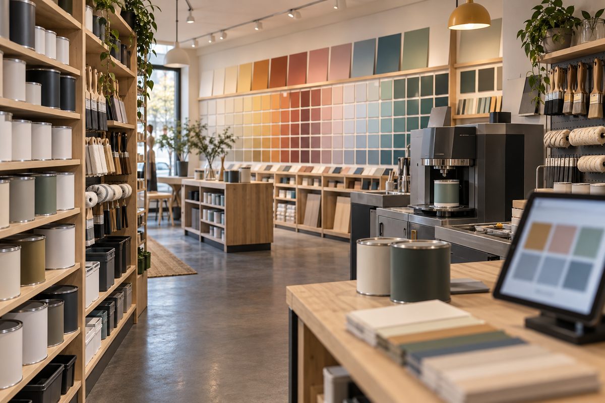 Nordisk fargehandel med malingsbokser, fargeprøver, pensler, ruller og blandemaskin langs en lys butikkgang.