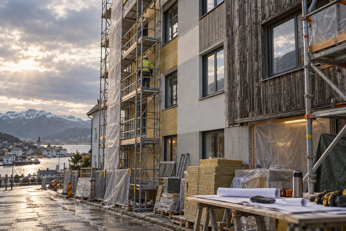 Fasaden på et nordisk bygg rehabiliteres med stillas, isolasjonsplater og værbeskyttelse i et kystlandskap.