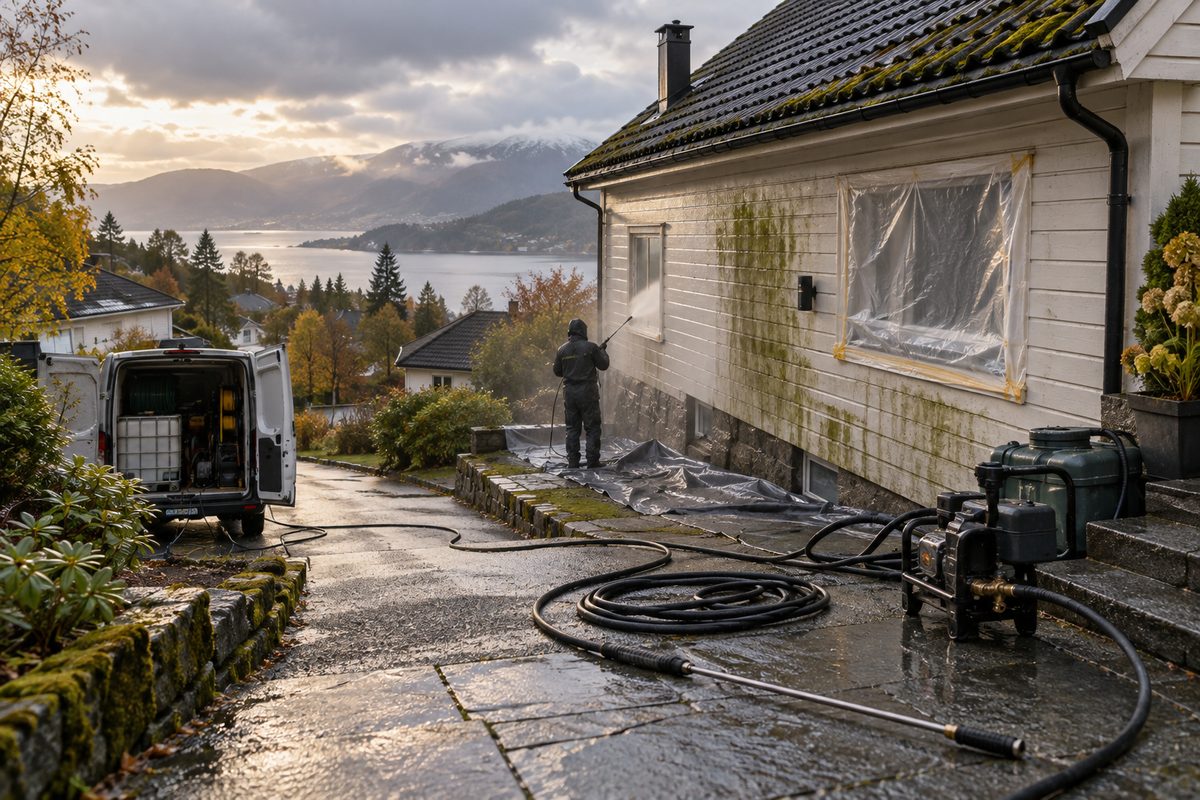 En fasadevasker spyler grønn mose fra en trevegg med slanger og utstyr på våt stein foran huset.