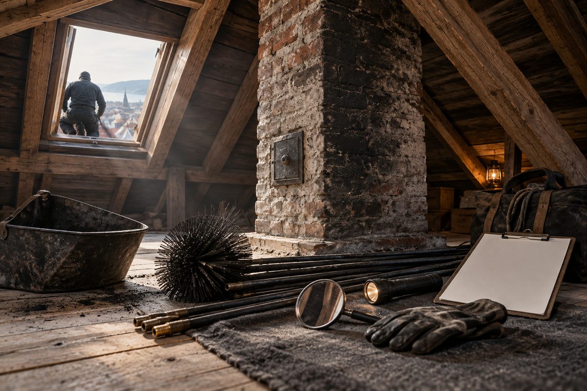 I et støvete loft ligger feierens børste, feiestenger, inspeksjonsspeil og hansker ved en teglskorstein.